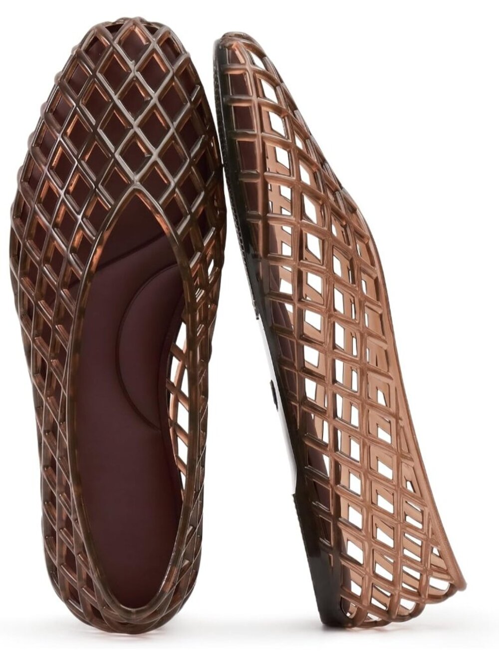 Women's Brown Mesh Ballet Flats Slip On Polyvinyl Chloride Jelly Shoes Sandals